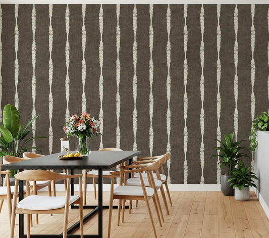 Dining featuring Cream Textured Distressed Stripes on Muted Brown Wallpaper.