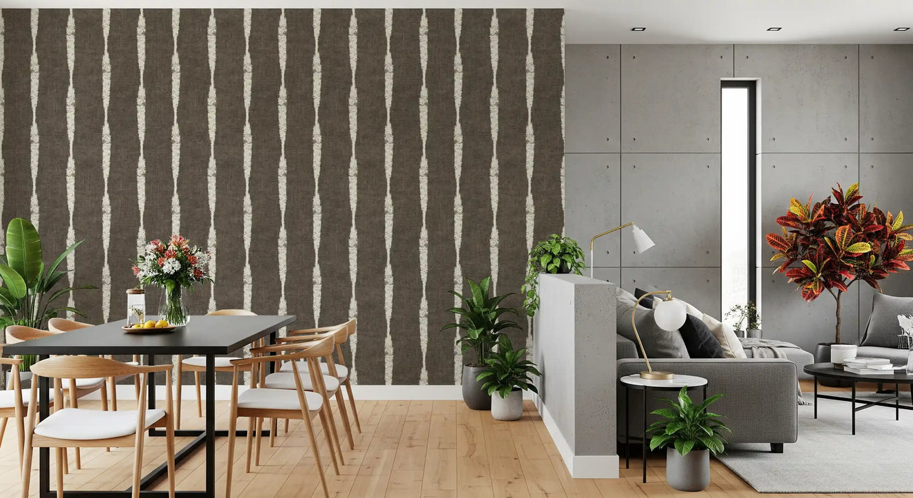 Cream Textured Distressed Stripes on Muted Brown Wallpaper⁠