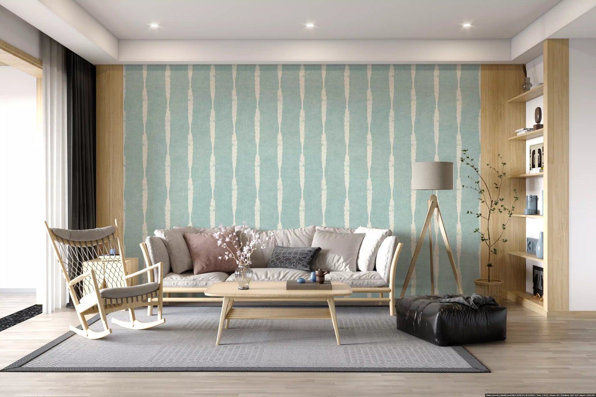 Minimalist living room backdrop using a beautiful soft blue distressed wallpaper.