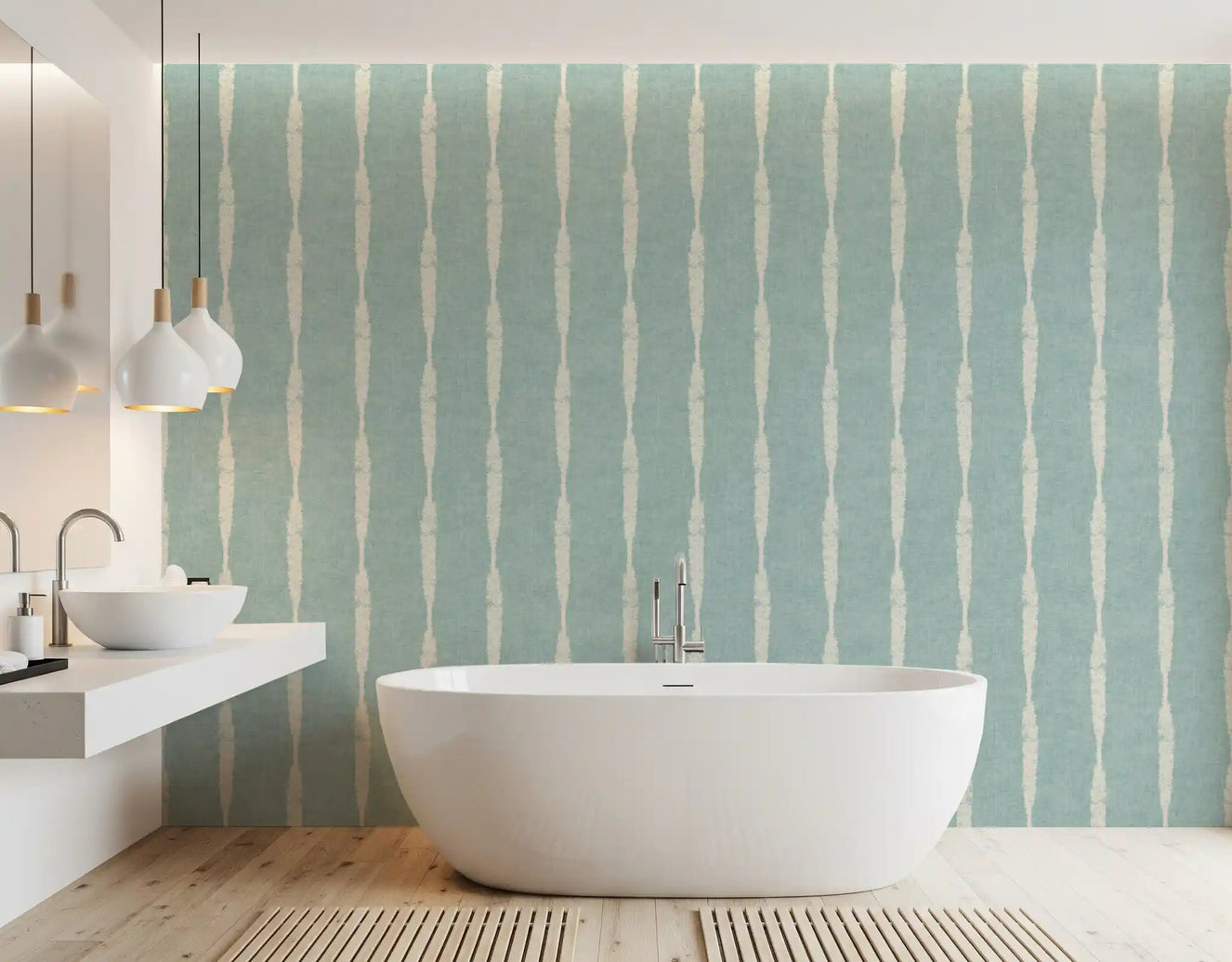 bathroom featuring the cream textured distressed stripes on soft blue wallpaper.