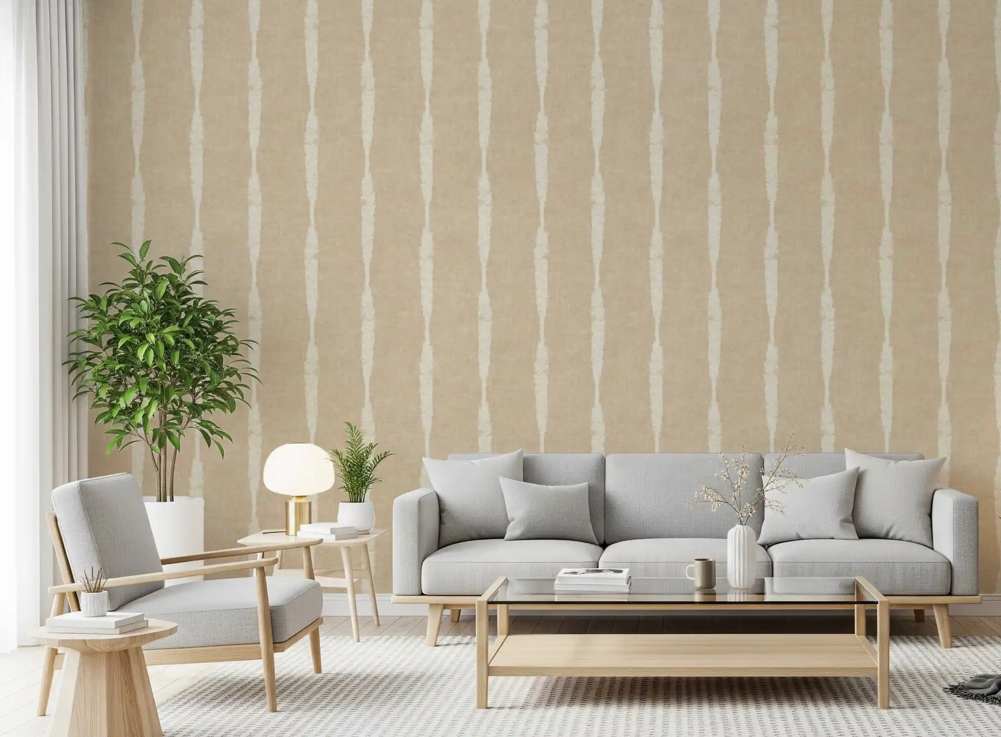 Distressed finish featured on a neutral Stripes wallpaper.