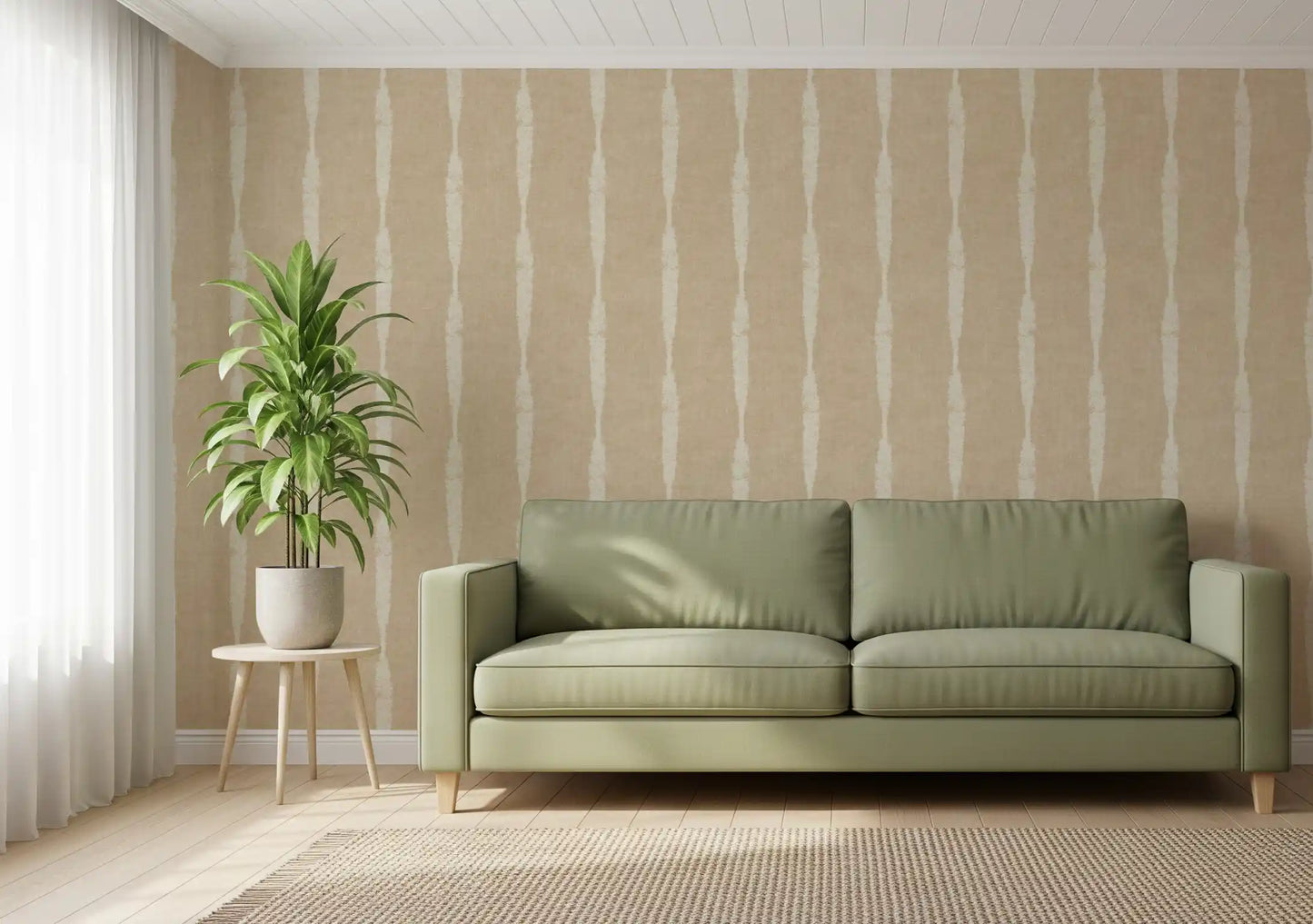  Creamy White Textured Distressed Stripes on Warm Beige Wallpaper.