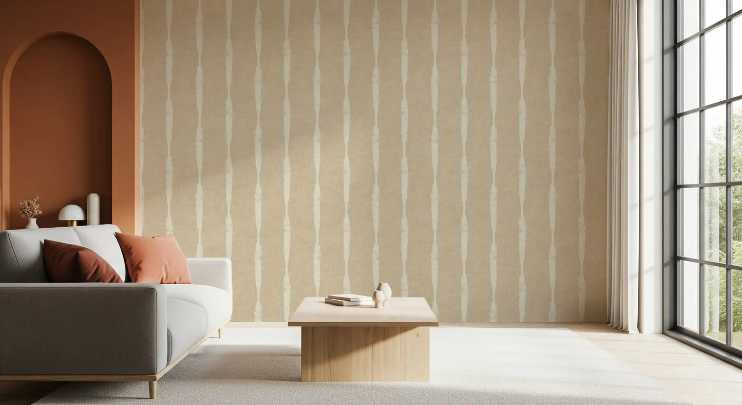 Vertical details in Creamy White Textured Distressed Stripes on Warm Beige Wallpaper.