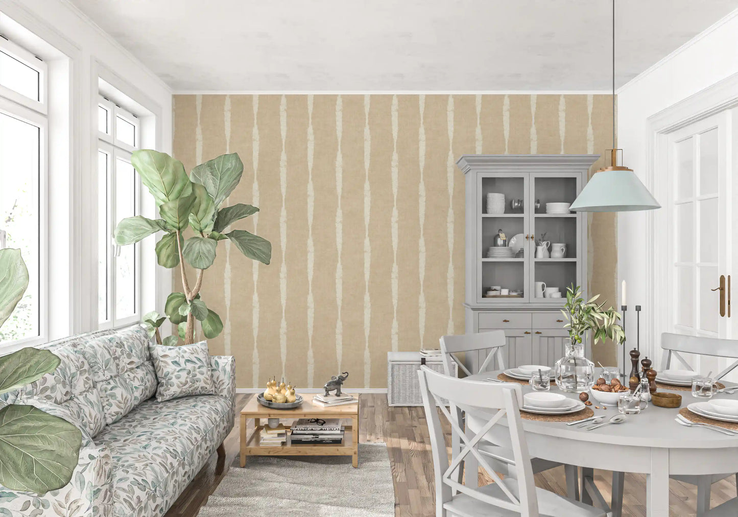 Dining area with Creamy White Textured Distressed Stripes on Warm Beige Wallpaper.