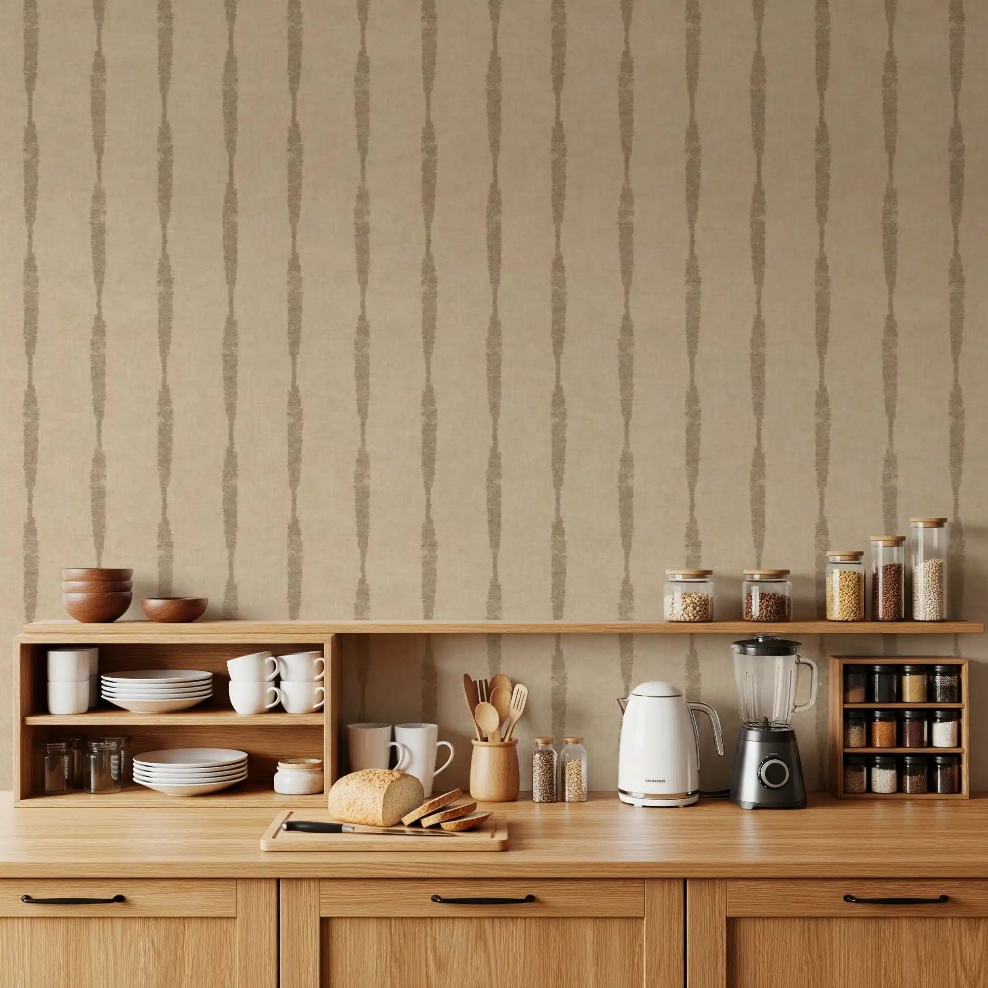 Kitchen featuring the Kaki Textured Distressed Stripes on Warm Beige Wallpaper