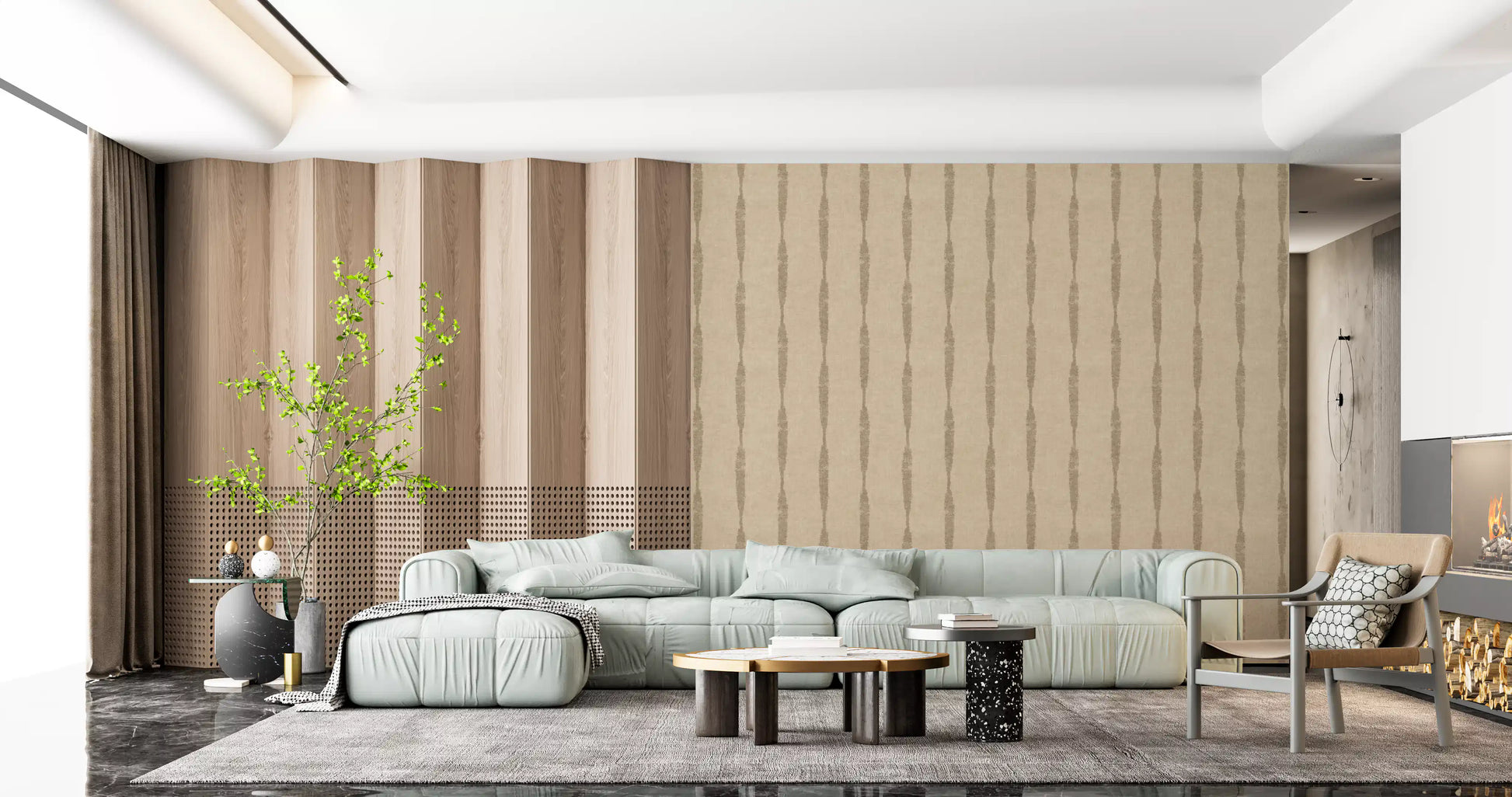 lounge the Kaki Textured Distressed Stripes on Warm Beige Wallpaper
