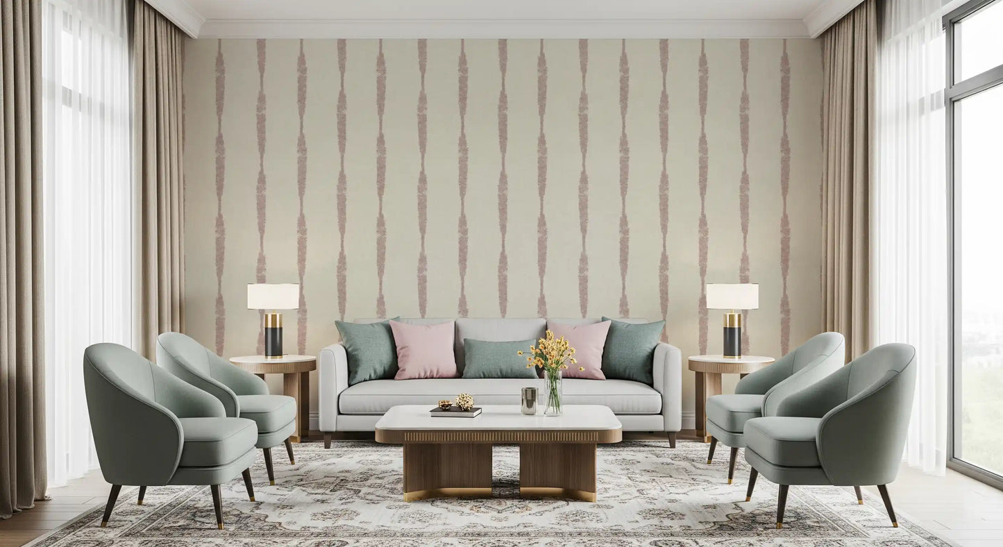 The Nude Pink Textured Distressed Stripes on Cream Wallpaper displaying vertical lines.