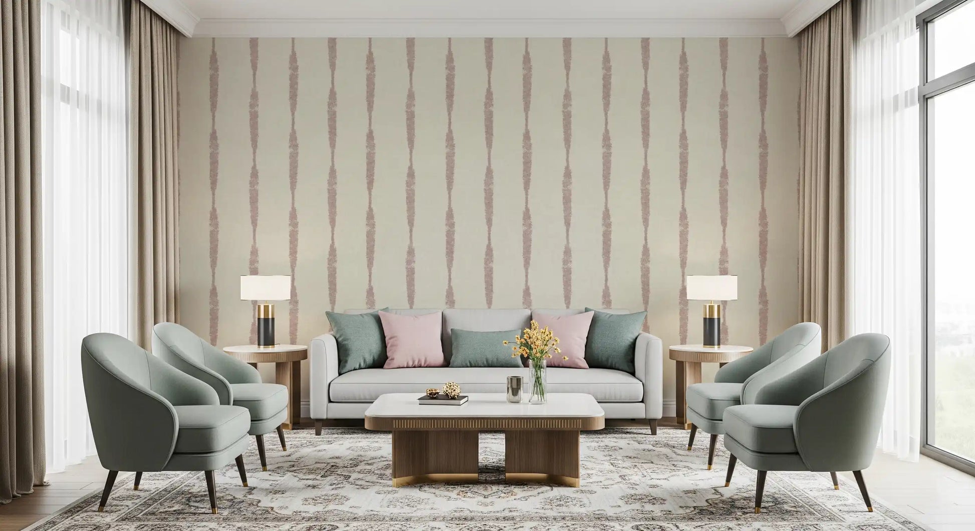 The Nude Pink Textured Distressed Stripes on Cream Wallpaper displaying vertical lines.