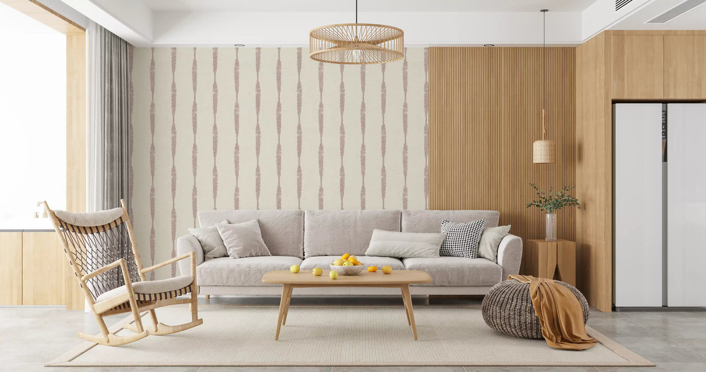 Nude Pink Textured Distressed Stripes on Cream Wallpaper styling a cozy living room.