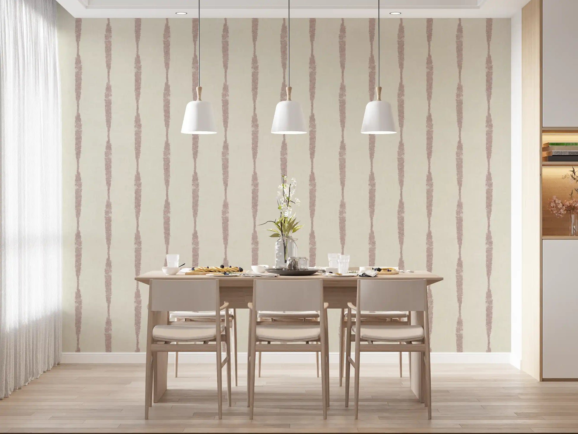 Nude Pink Textured Distressed Stripes on Cream Wallpaper illuminating a bright dining room.