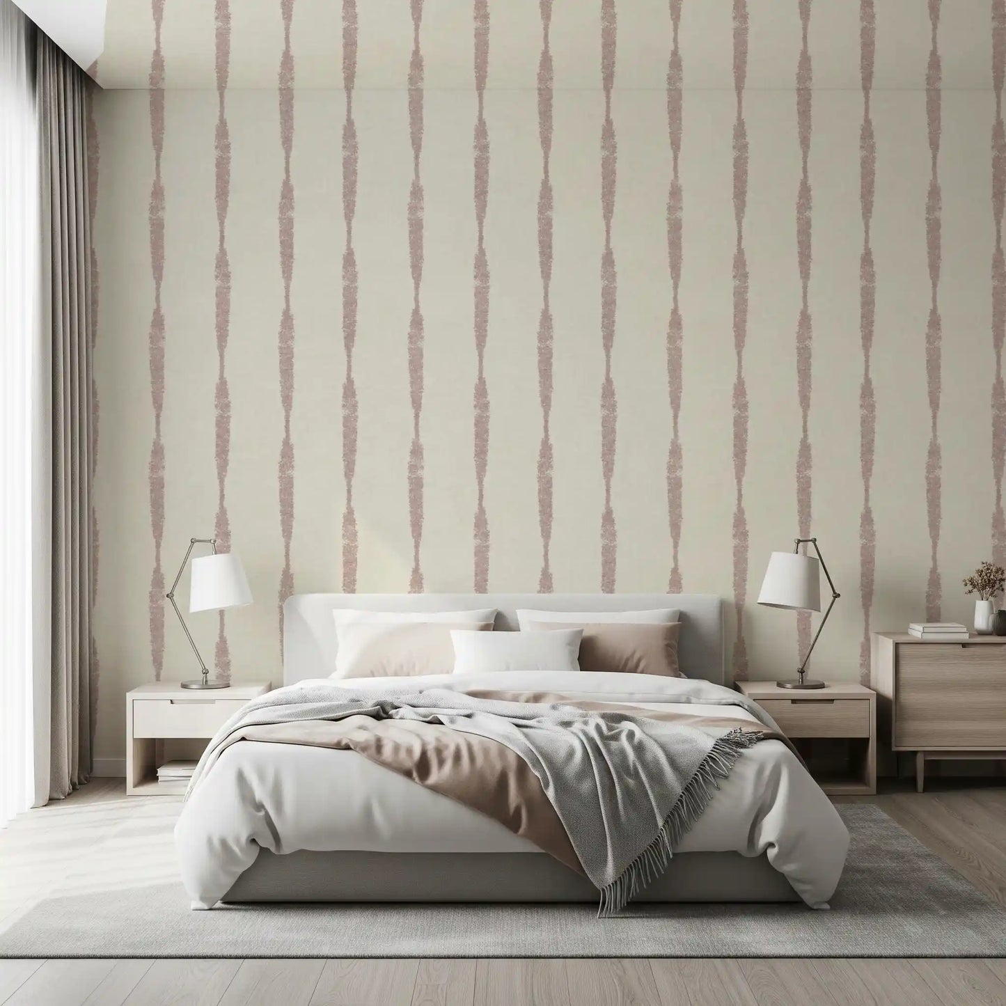 Spacious bedroom showcasing the elegant Nude Pink Textured Distressed Stripes wallpaper.