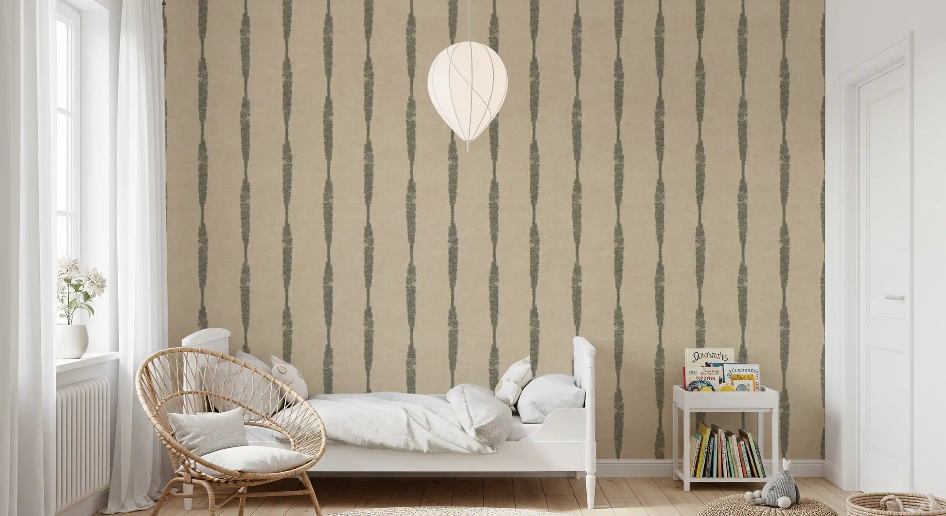 Bedroom displaying Muted Green Textured Distressed Stripes on Warm Beige Wallpaper.