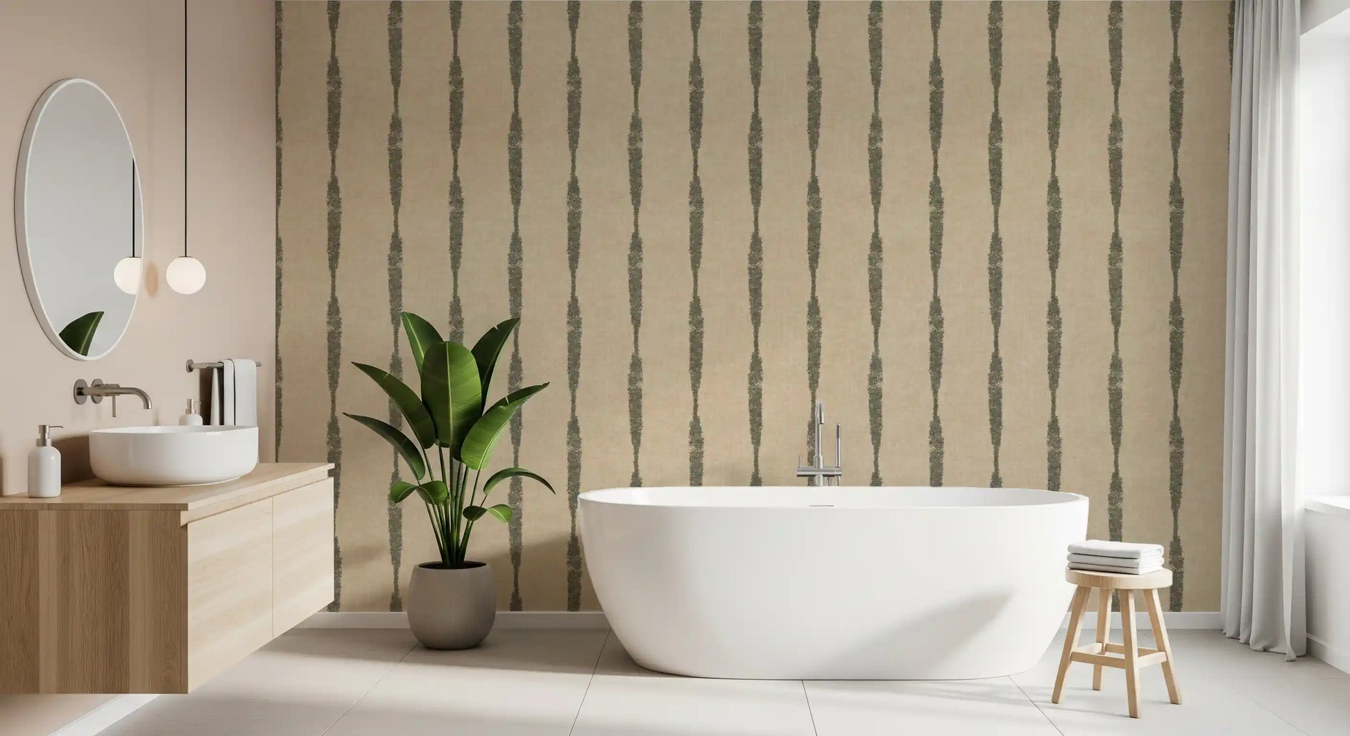 Nuances of Muted Green Textured Distressed Stripes on Warm Beige Wallpaper.