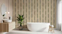 Nuances of Muted Green Textured Distressed Stripes on Warm Beige Wallpaper.