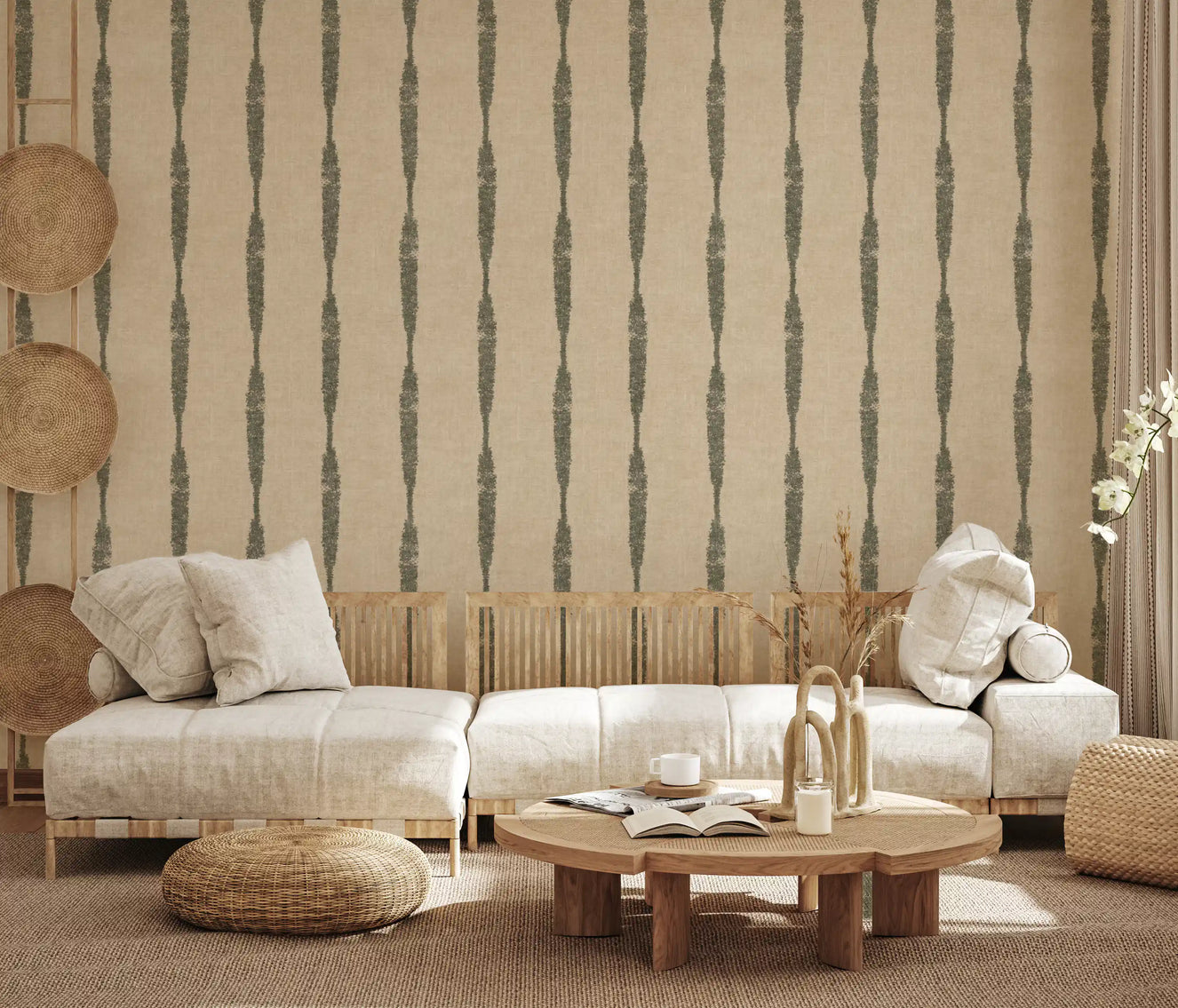 Living room featuring Muted Green Textured Distressed Stripes on Warm Beige Wallpaper.
