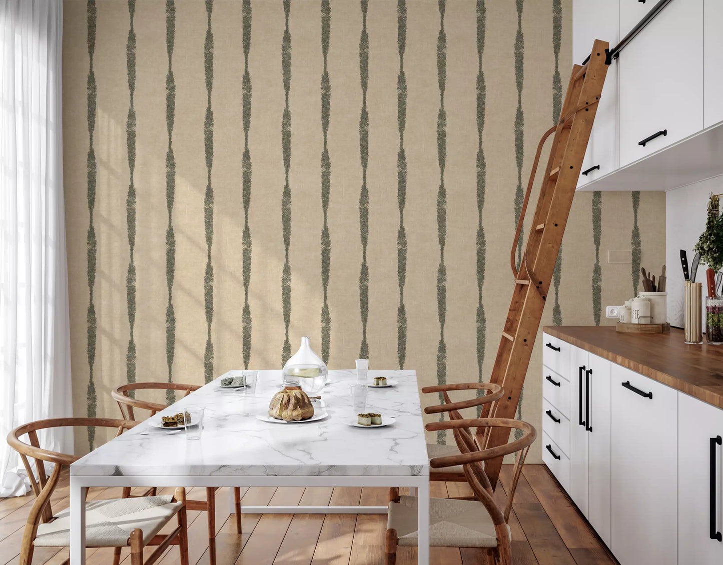 Modern kitchen-dining area complemented by this beautiful Textured wallpaper.