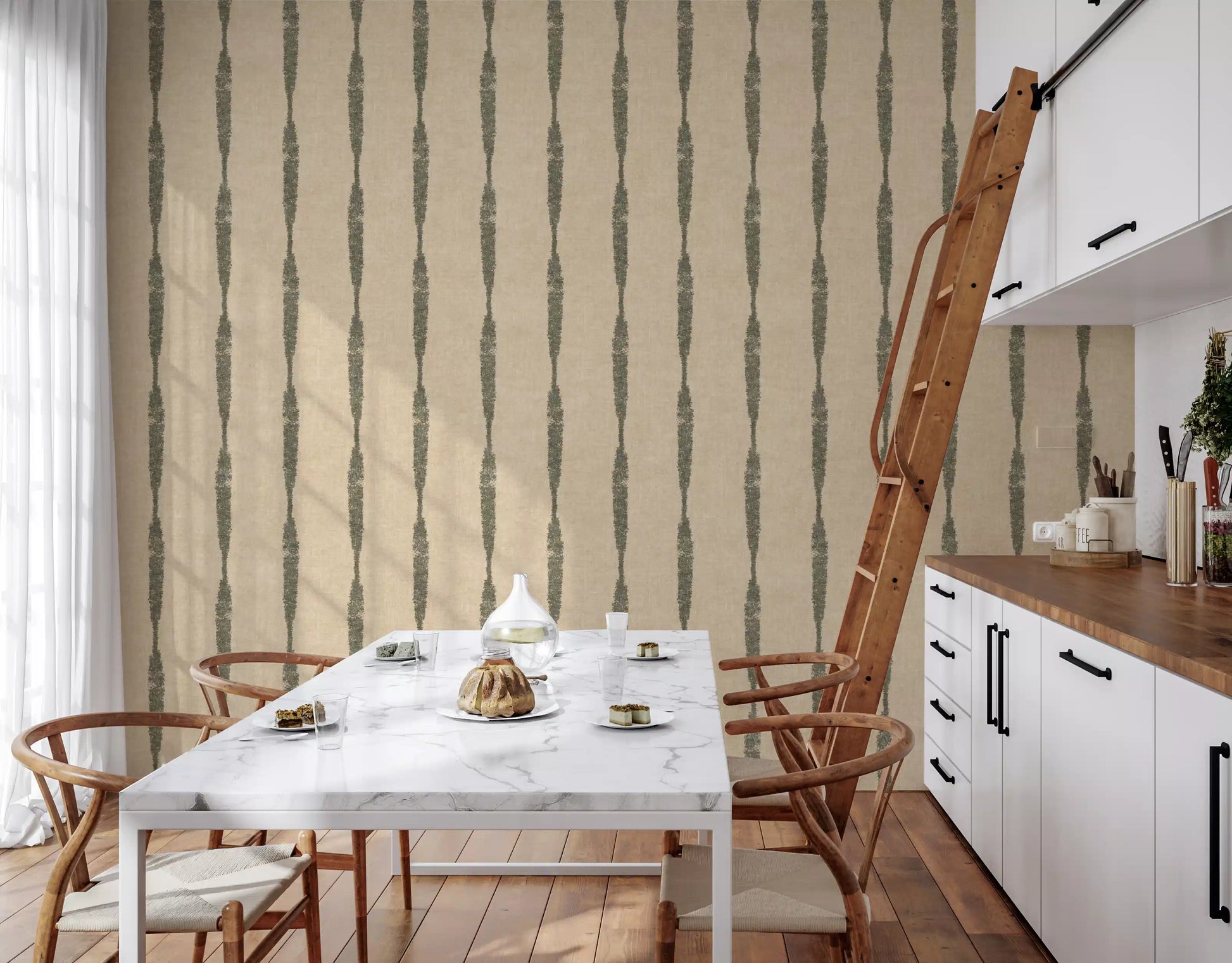 Modern kitchen-dining area complemented by this beautiful Textured wallpaper.