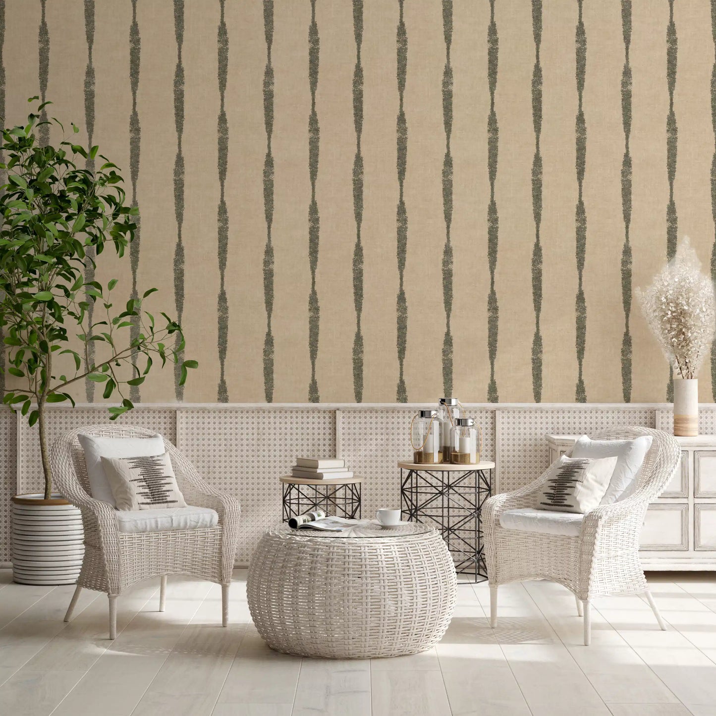 Cozy sitting room enhanced by a subtle Stripes wallpaper.