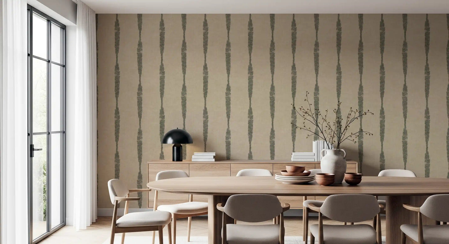 Close up of Muted Green Textured Distressed Stripes on Warm Beige Wallpaper.