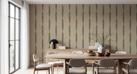 Close up of Muted Green Textured Distressed Stripes on Warm Beige Wallpaper.