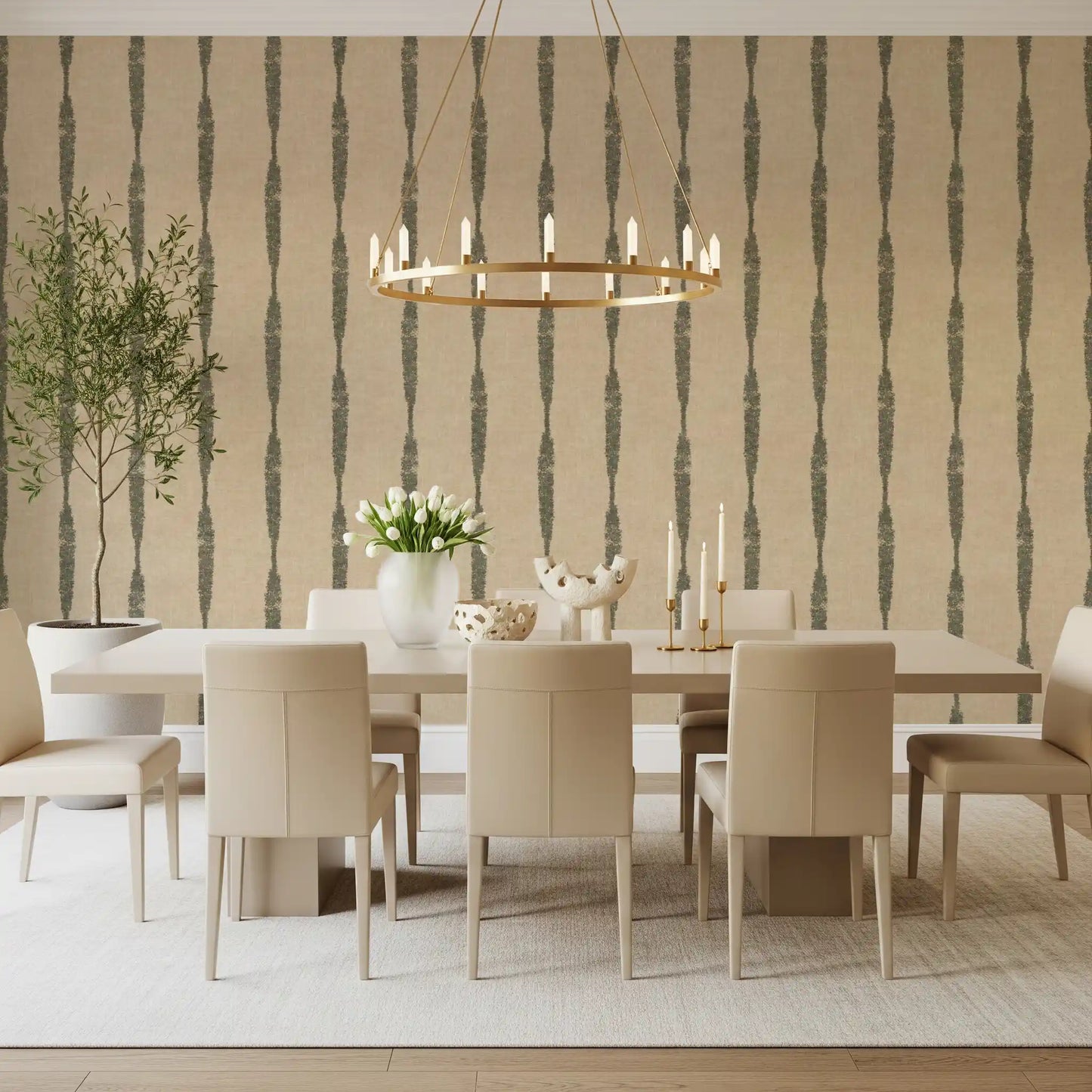 Large dining room atmosphere enriched through a light Beige wallpaper.