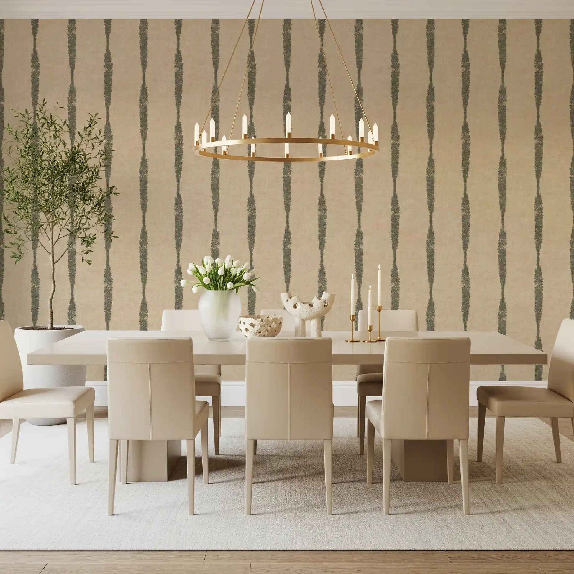 Large dining room atmosphere enriched through a light Beige wallpaper.
