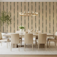 Large dining room atmosphere enriched through a light Beige wallpaper.
