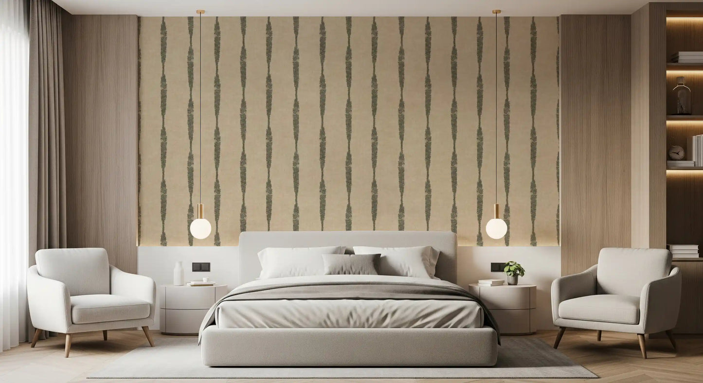 Guest room setting beautifully highlighted with a muted Green wallpaper backdrop.