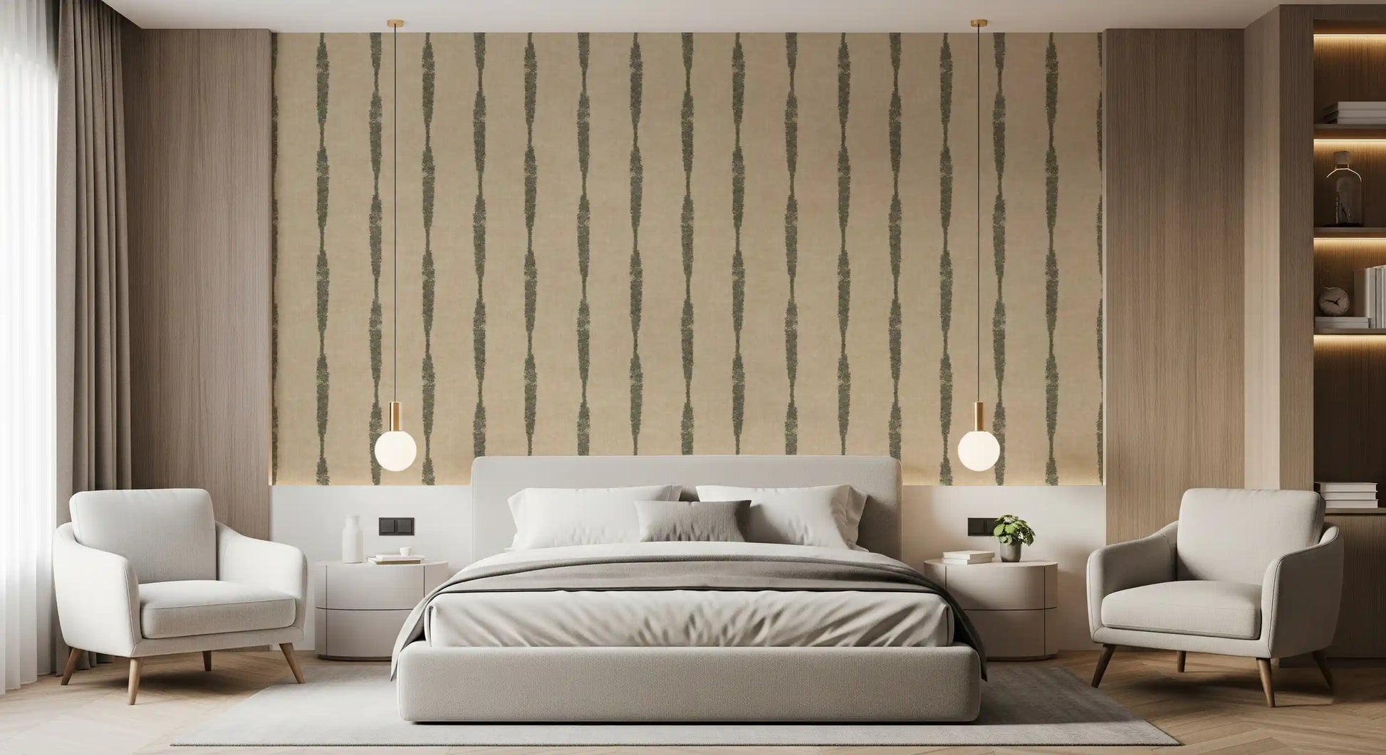Guest room setting beautifully highlighted with a muted Green wallpaper backdrop.