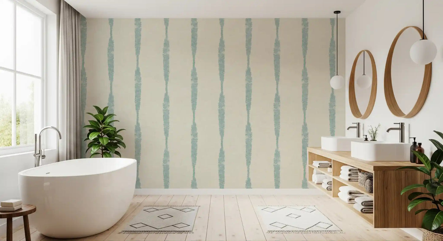 Soft Blue Textured Distressed Stripes on Cream Wallpaper⁠