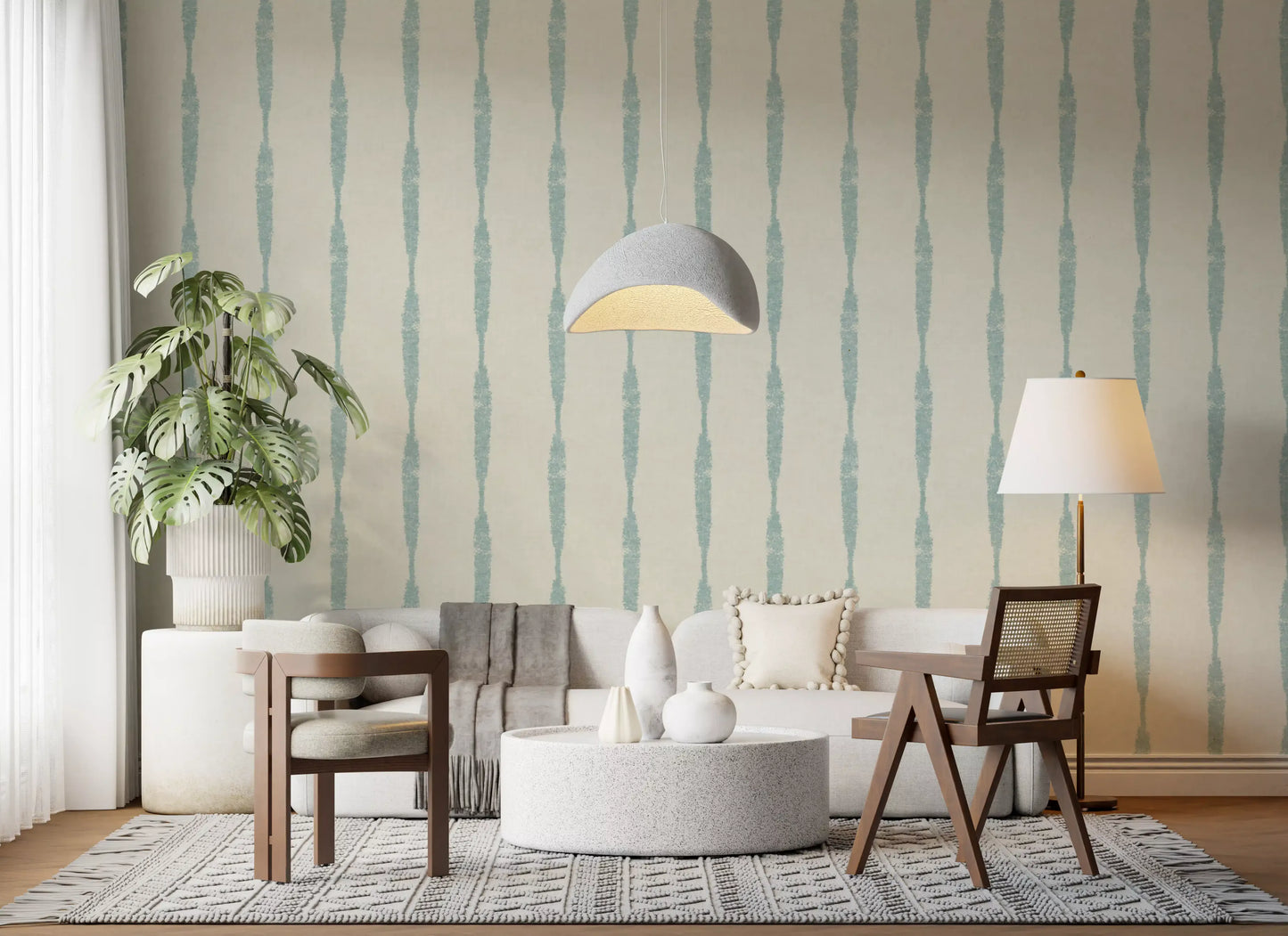 Soft Blue Textured Distressed Stripes on Cream Wallpaper⁠