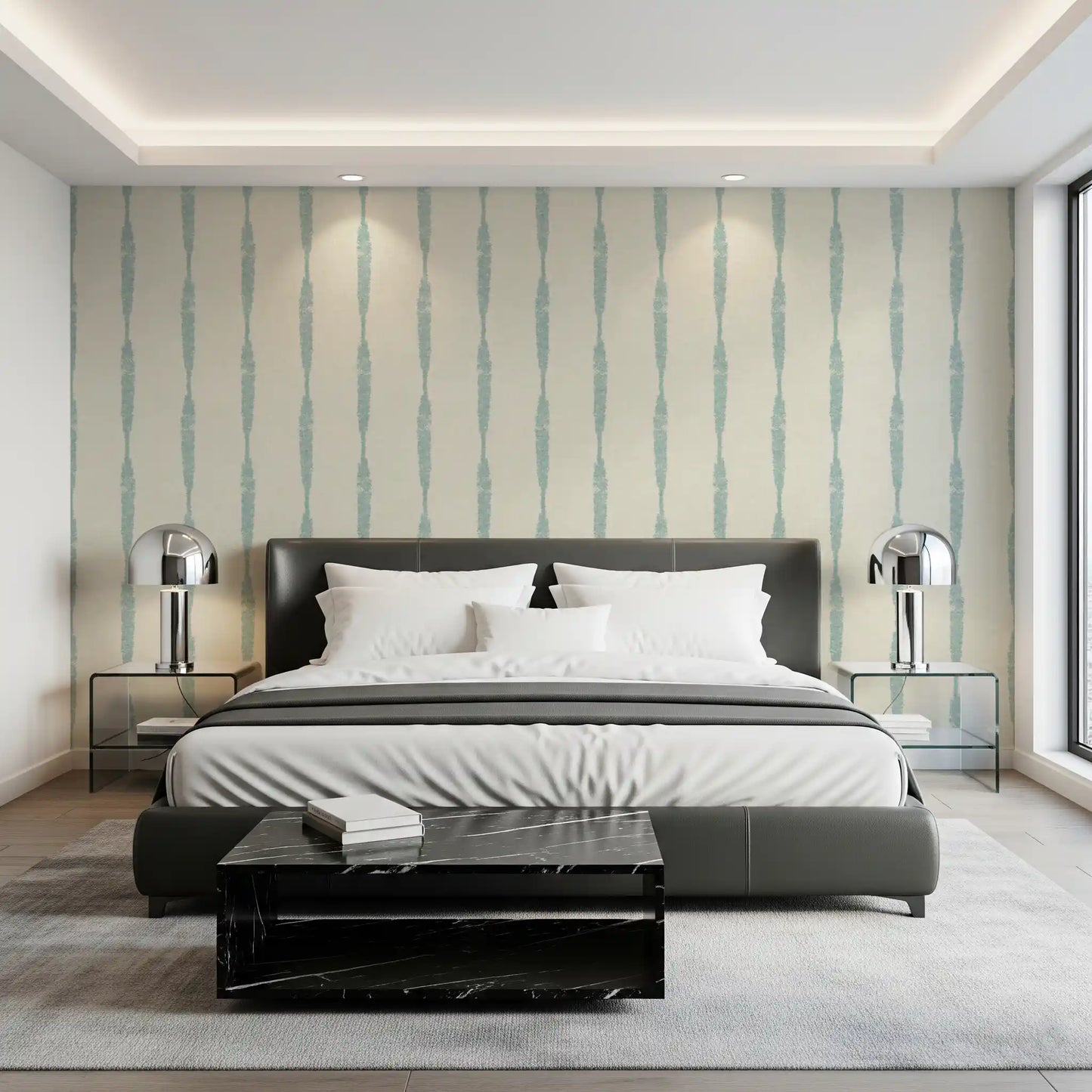 Soft Blue Textured Distressed Stripes on Cream Wallpaper⁠