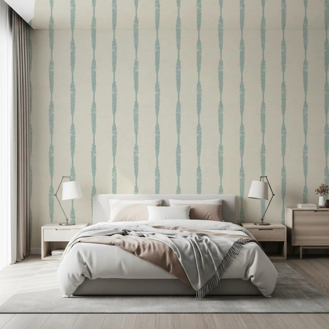 Soft Blue Textured Distressed Stripes on Cream Wallpaper⁠