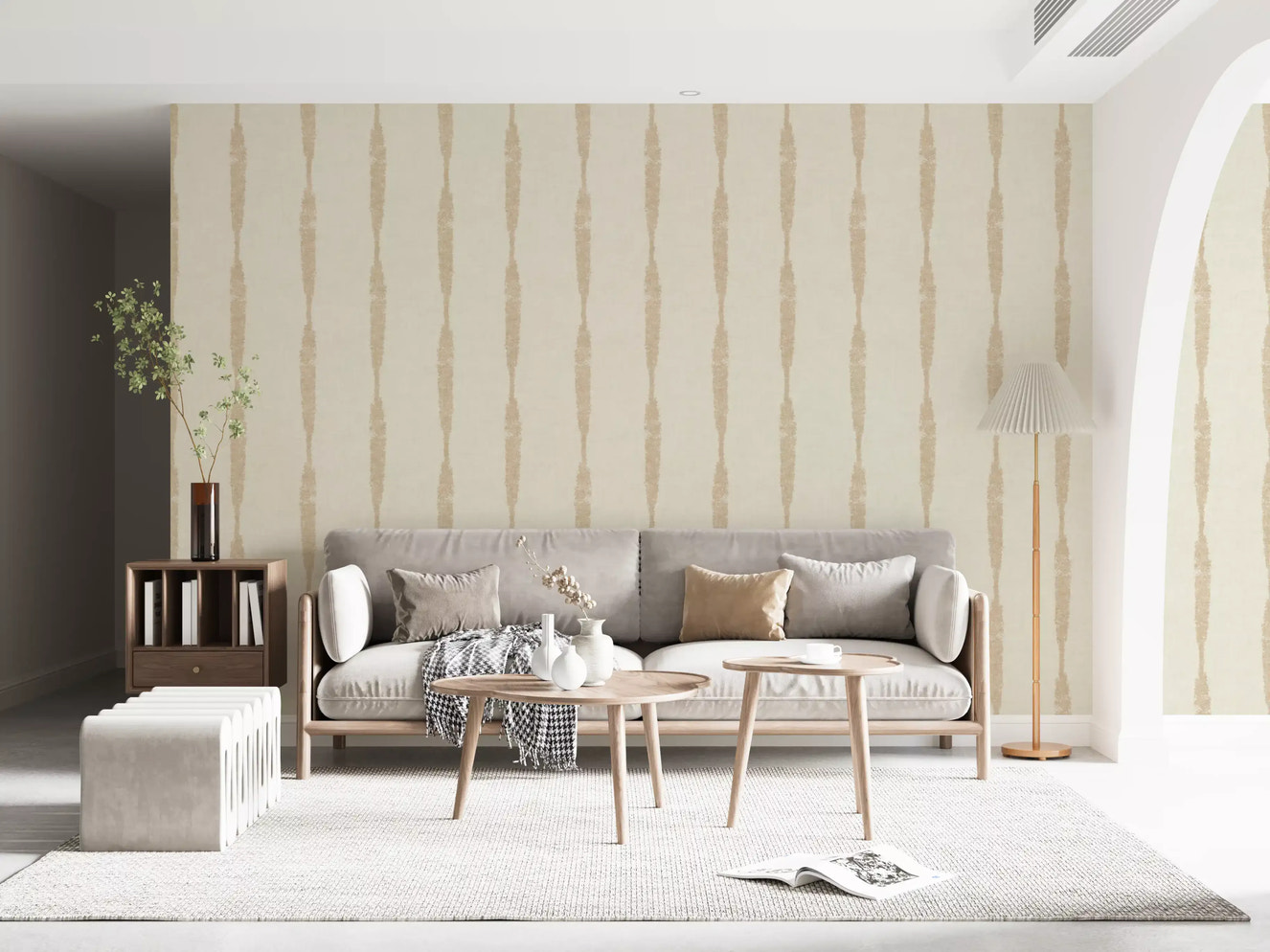 Warm Beige Textured Distressed Stripes on Creamy White Wallpaper⁠