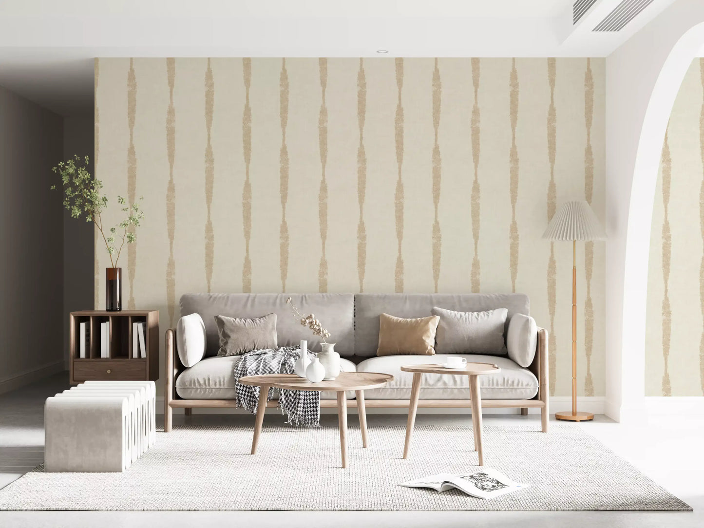 Warm Beige Textured Distressed Stripes on Creamy White Wallpaper⁠