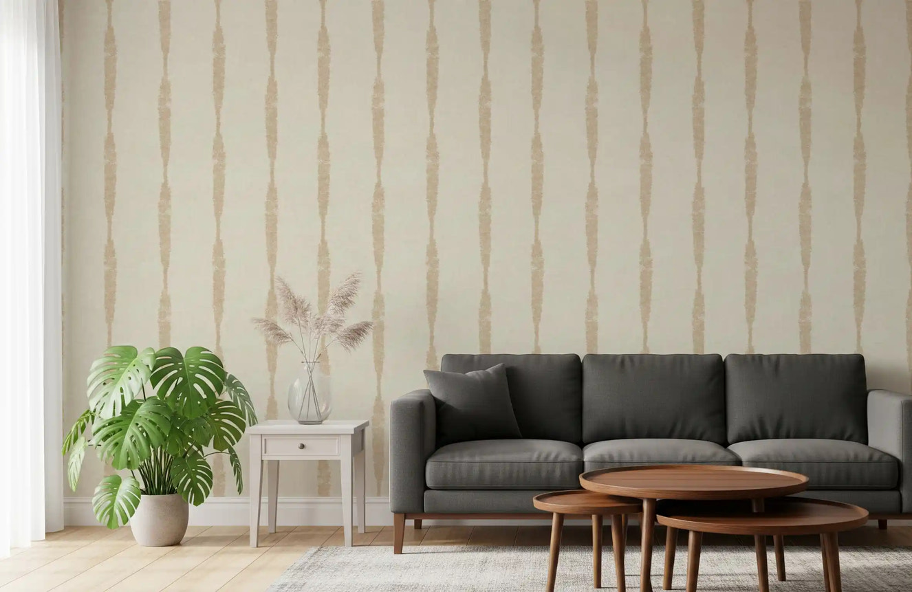 Warm Beige Textured Distressed Stripes on Creamy White Wallpaper⁠