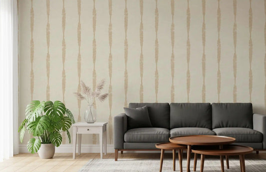 Bright living room displaying the warm beige textured distressed stripes wallpaper