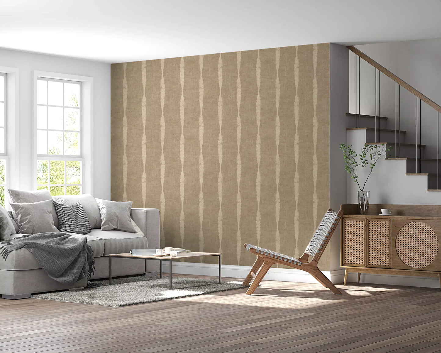 Warm Beige Textured Distressed Stripes on Kaki Wallpaper⁠