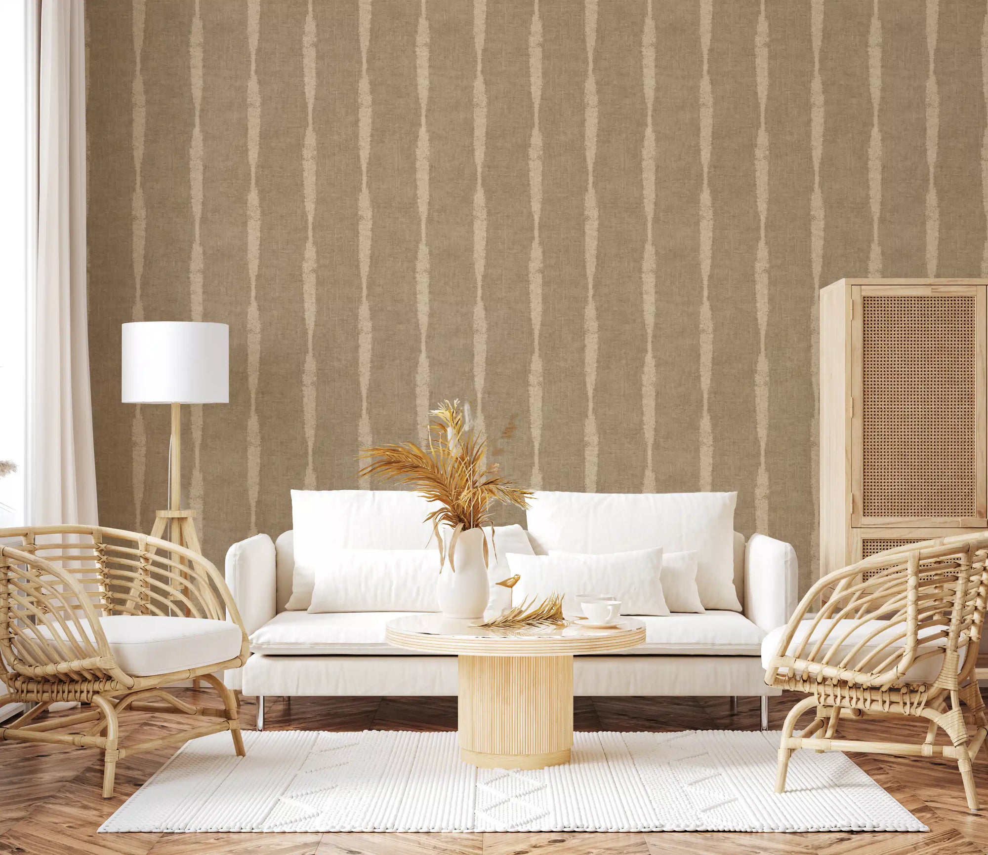 Cozy living room styled with warm beige distressed stripes wallpaper for an earthy mood.