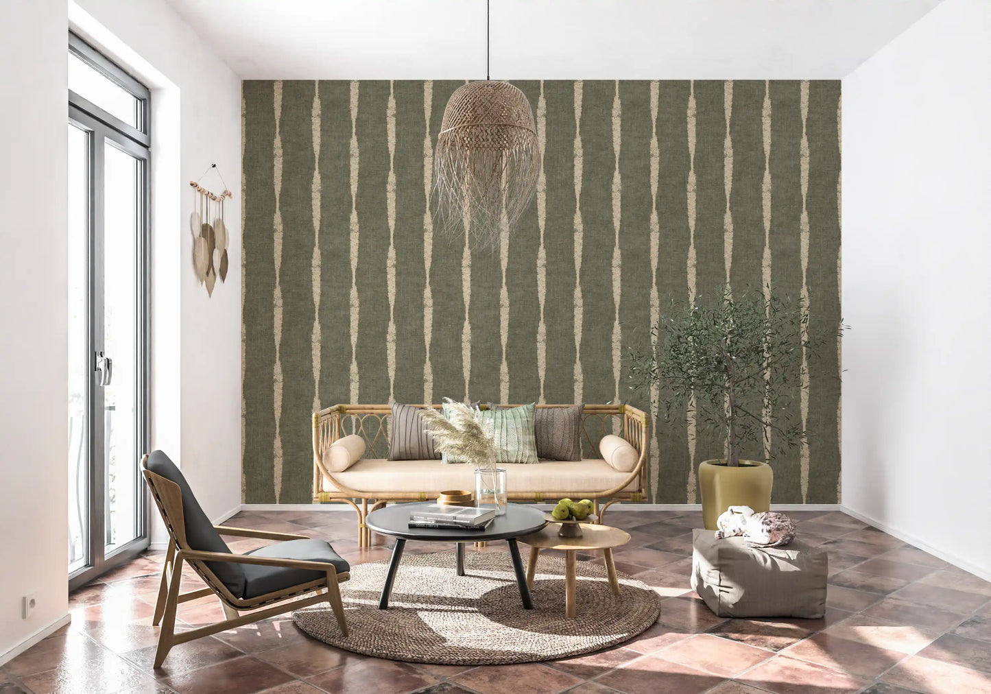 Warm Beige Textured Distressed Stripes on Muted Green Wallpaper⁠