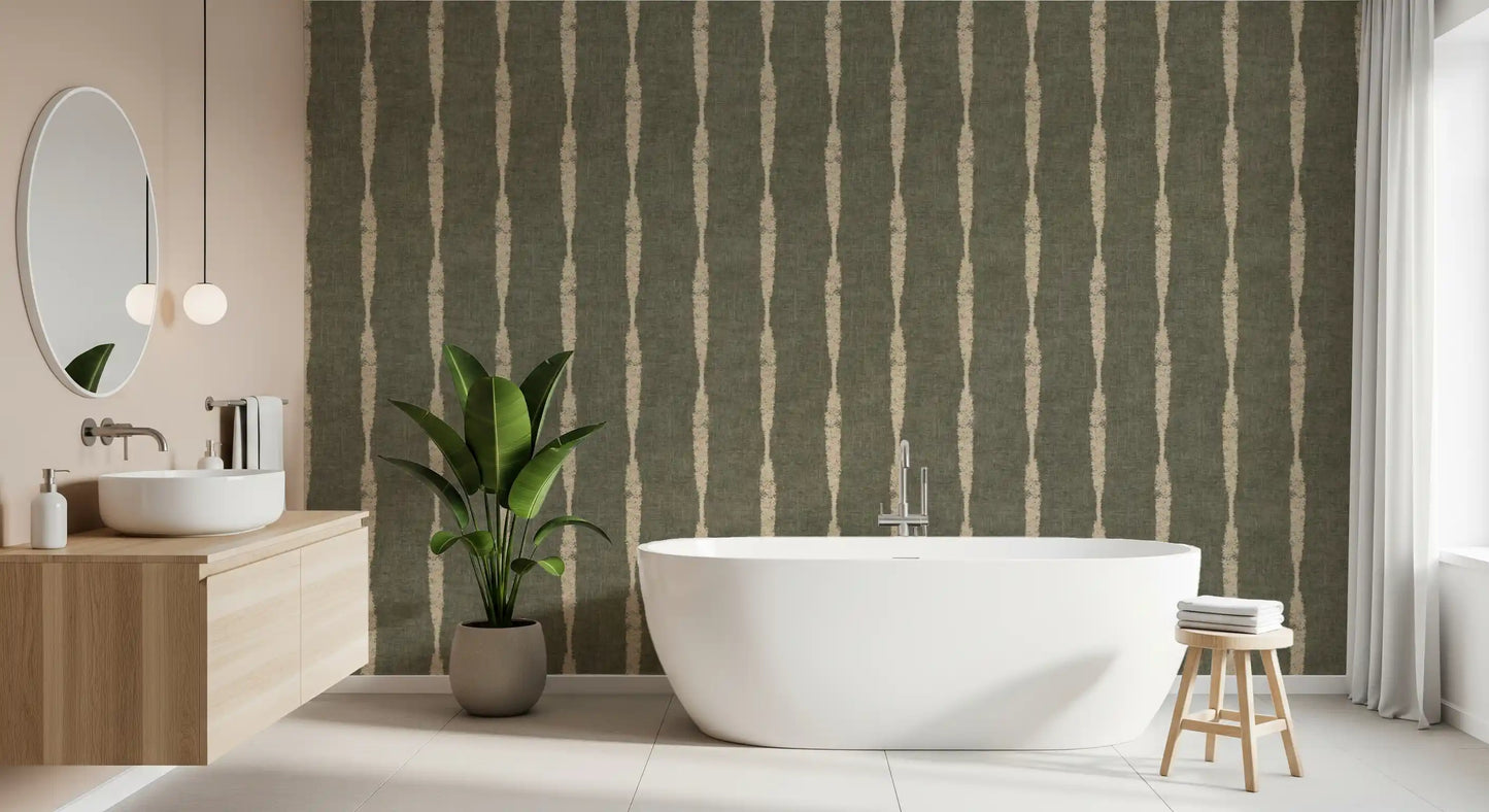 Warm Beige Textured Distressed Stripes on Muted Green Wallpaper⁠