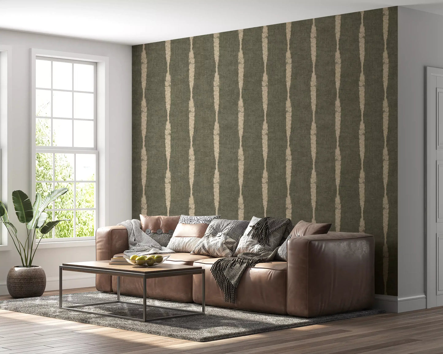 Warm Beige Textured Distressed Stripes on Muted Green Wallpaper⁠