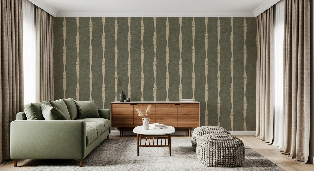 Warm Beige Textured Distressed Stripes on Muted Green Wallpaper⁠