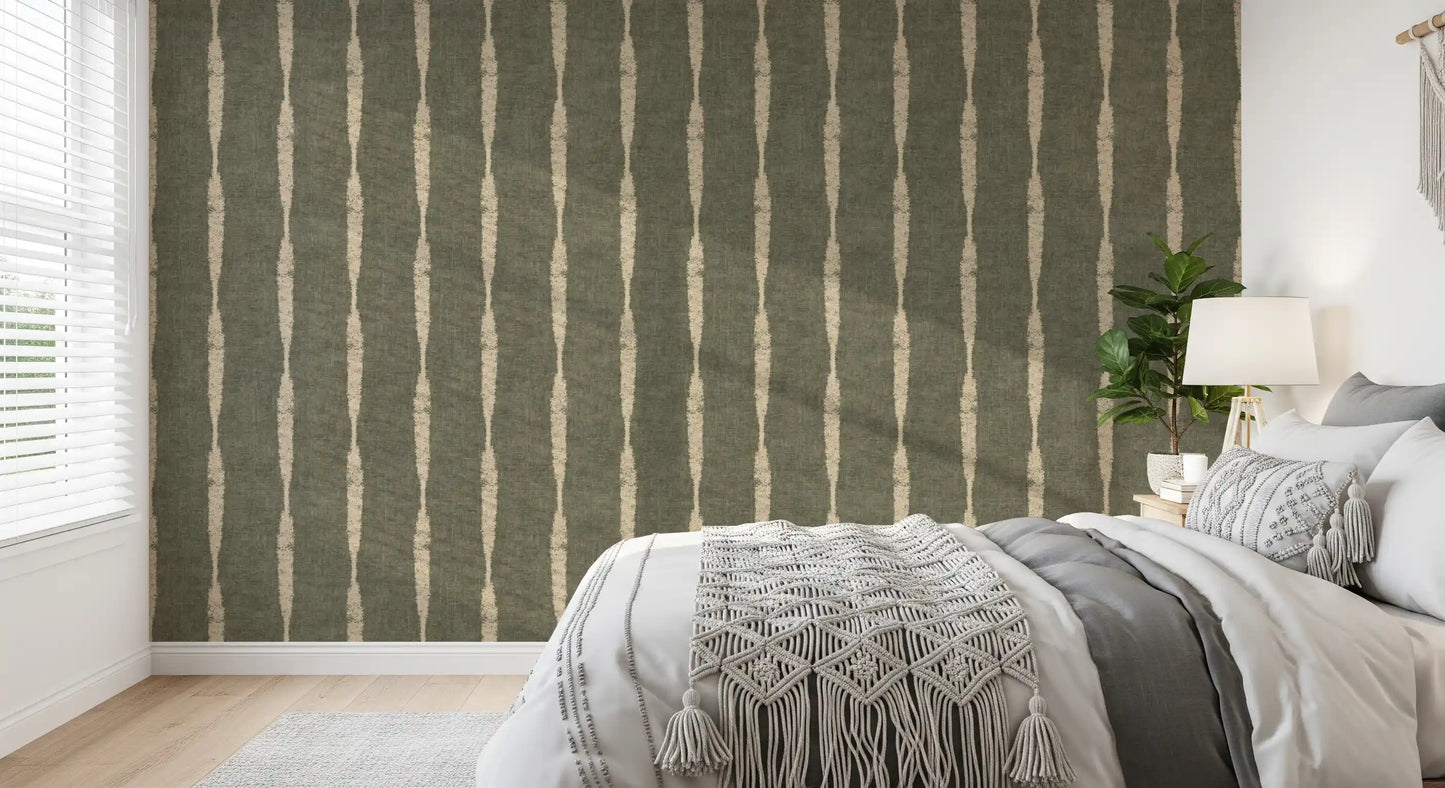 Warm Beige Textured Distressed Stripes on Muted Green Wallpaper⁠