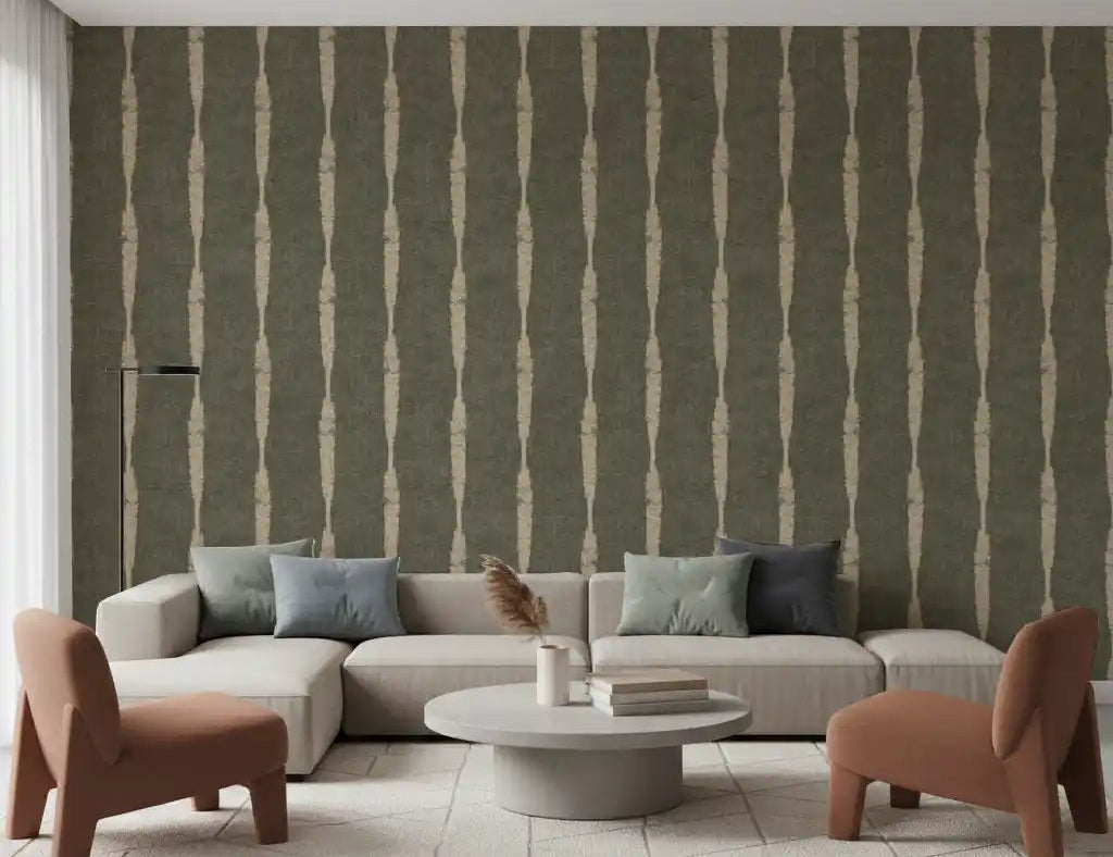 Warm Beige Textured Distressed Stripes on Muted Green Wallpaper⁠