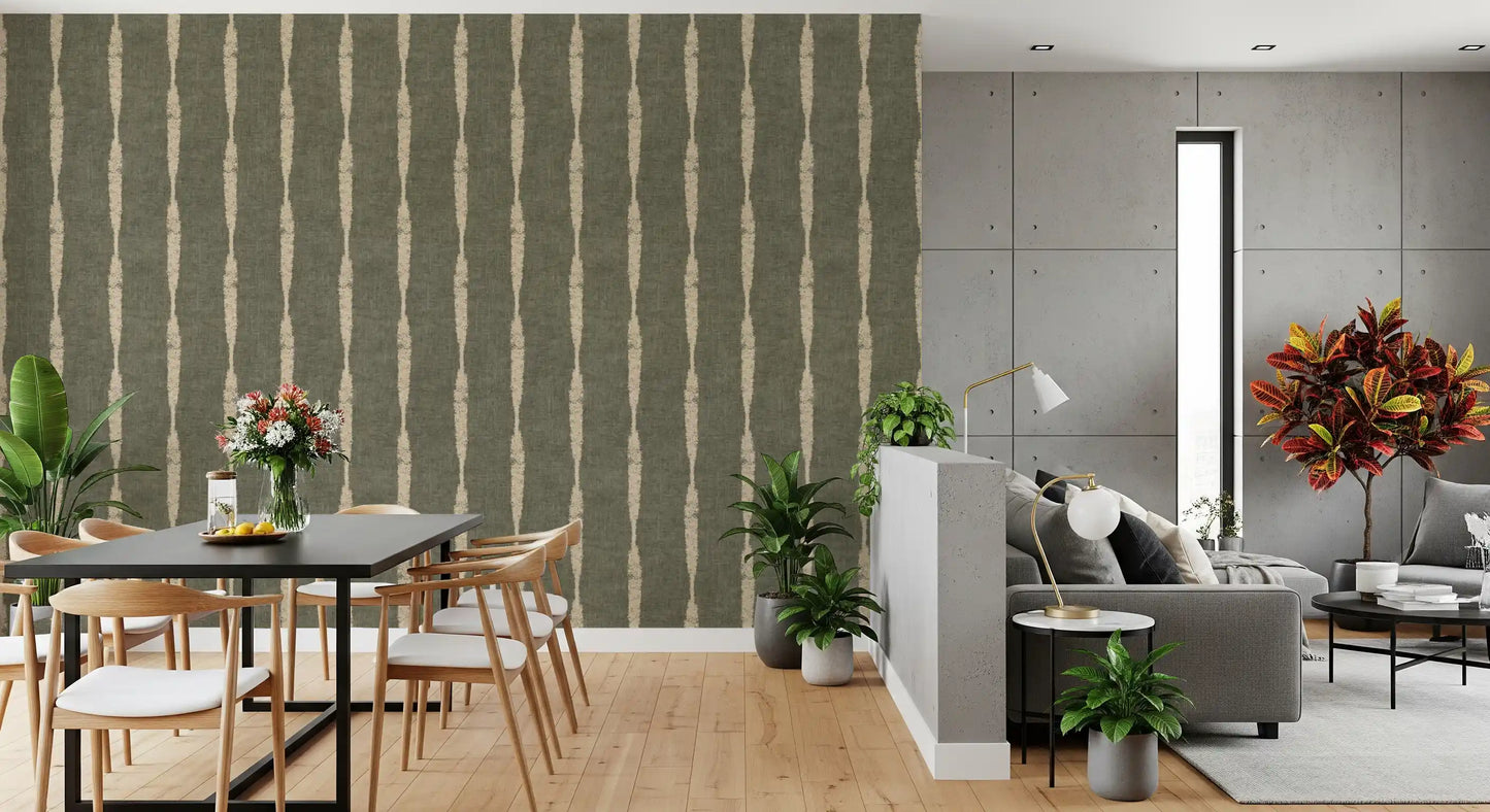 Warm Beige Textured Distressed Stripes on Muted Green Wallpaper⁠