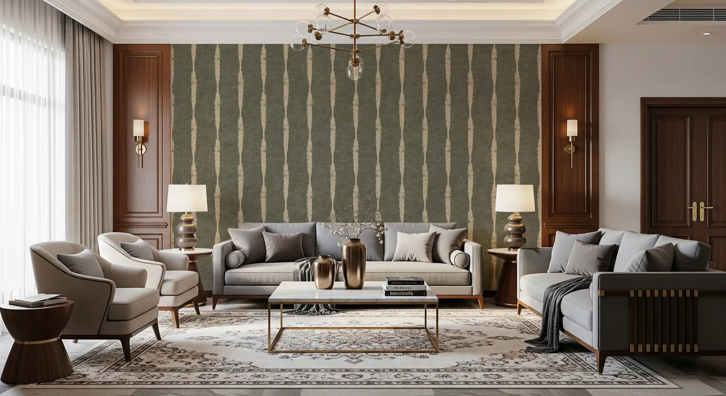 Warm Beige Textured Distressed Stripes on Muted Green Wallpaper⁠