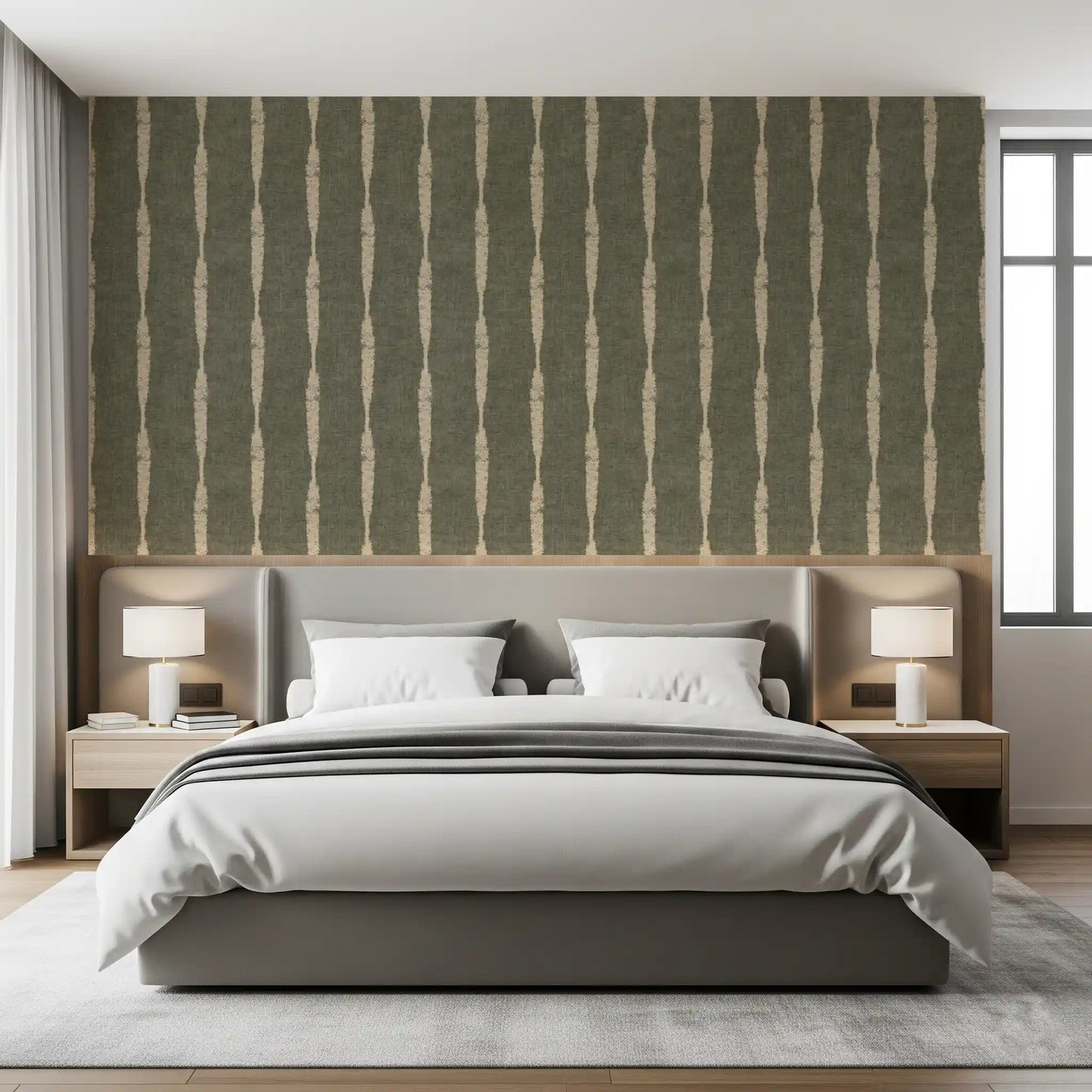 Warm Beige Textured Distressed Stripes on Muted Green Wallpaper⁠