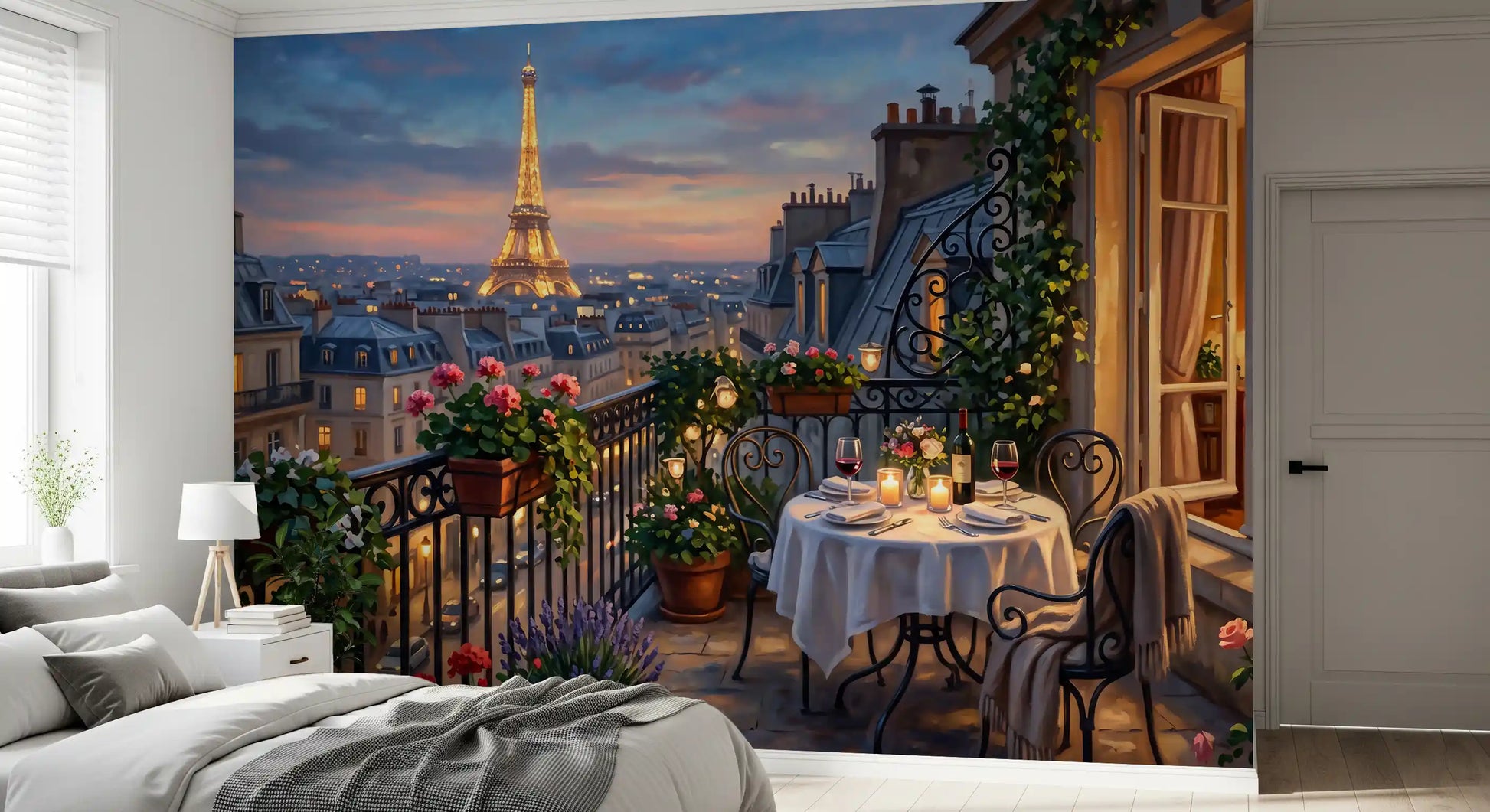 Bedroom sits beside the Parisian Balcony wall mural's lamp-lit Eiffel skyline.