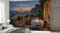 Bedroom sits beside the Parisian Balcony wall mural's lamp-lit Eiffel skyline.